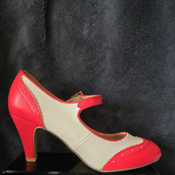 Kym By J Adams Classic Two-Tone Mary Jane High Heels in Red and Cream - Picture 11 of 15